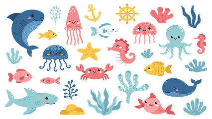 Naklejka premium Cute cartoon marine life and sea animals vector collection set isolated on white background