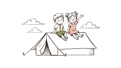 Hand-drawn sketch illustration of a boy and girl sitting on top of a camping tent