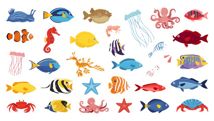 Obraz premium Colorful cartoon sea fish and marine life vector collection isolated on white background