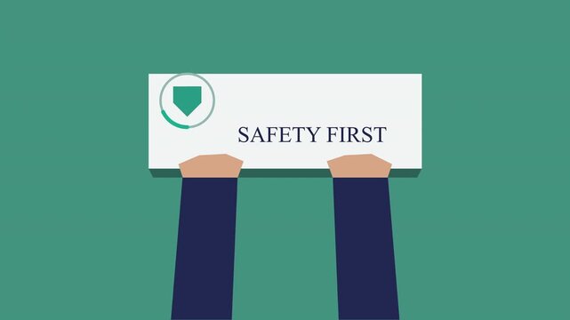 Animated hands hold safety first sign, business concept, workplace protection, security awareness, caution, alert, shield icon