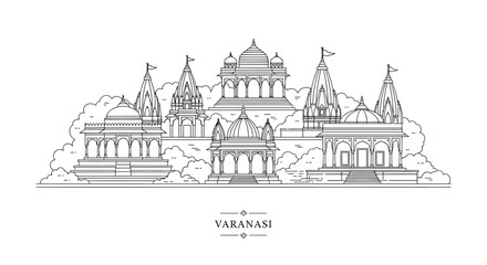 Obraz premium Varanasi skyline outline illustration, Indian temples and architecture, spiritual landmarks