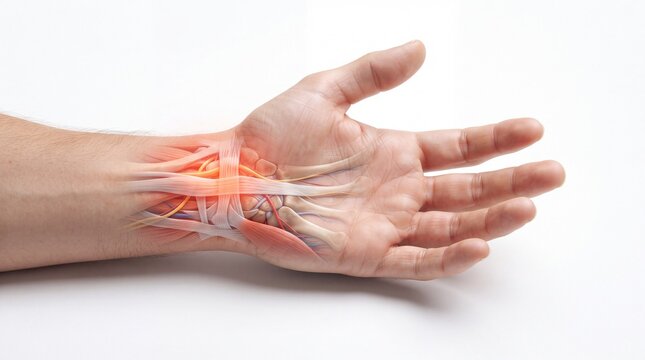 Human Wrist Anatomy Showing Bones, Tendons, Nerves and Blood Vessels Medical Illustration