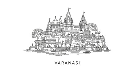 Obraz premium Varanasi Cityscape Sketch: Ganges River, Temples, Ghats, Boats, India
