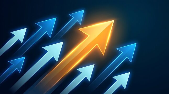 Glowing orange upward arrow leading blue arrows representing business growth and financial success