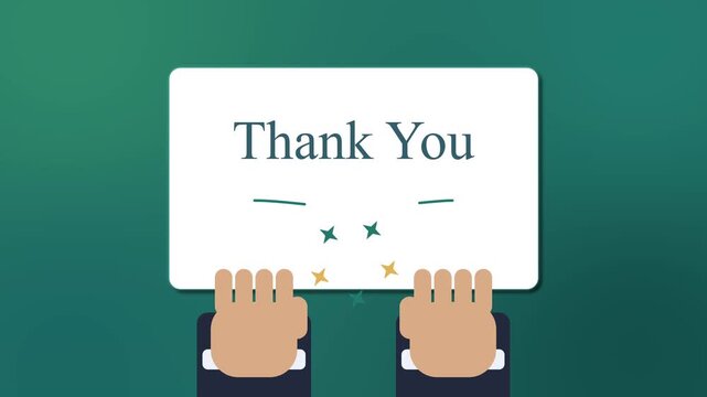 Animated businessman hands hold 'thank you' sign, graphic motion animation, gratitude message, appreciation gesture