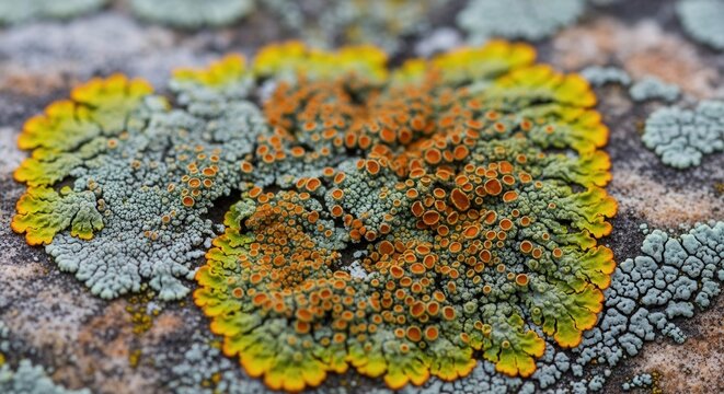 Vibrant Multicolored Lichen Growing On A Rough Textured Rock Surface In A Natural Outdoor Environment