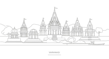 Fototapeta premium Varanasi skyline illustration, ancient temples, ghats, river Ganges, India landmark
