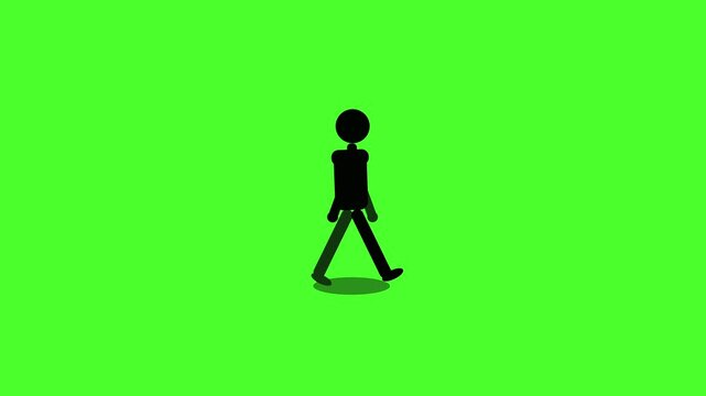 Animated 2D stick figure man walking loop, simple cartoon character animation on green screen chroma key background