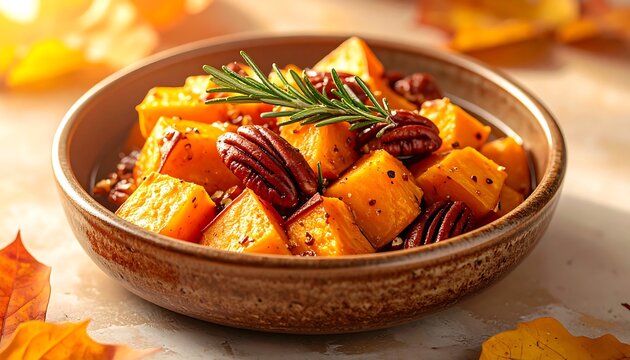 Roasted butternut squash cubes with pecans and fresh rosemary in a ceramic bowl.