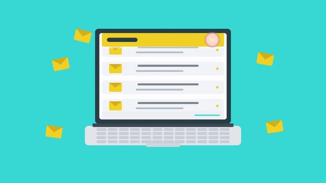 Motion graphic animation of a laptop displaying email notifications, with incoming emails flying around, flat design style.