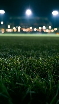 Vibrant spotlights illuminate an empty stadium field evoking anticipation and a sense of grand possibility