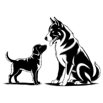 Monochromatic illustration presents small dog meeting big dog, two canines interact. Small dog meeting big dog shows curiosity, puppy gazing at older dog. Perfect for pet relationships