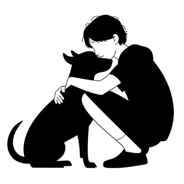 Illustration of teenager hugging dog, showing deep emotional connection and companionship after school. Artwork depicts affectionate bond between young person and beloved pet