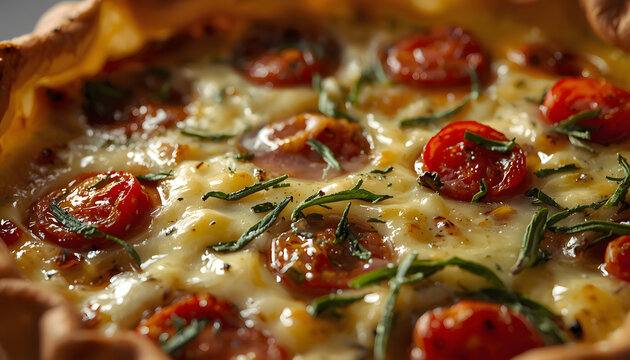 macro shot of a gourmet savory rustic quiche freshly baked