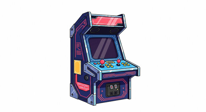 Retro arcade game machine with glowing screen and buttons