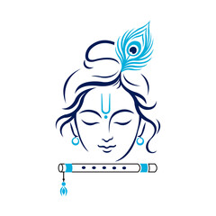 Minimalist line art illustration of lord krishna face with flute and peacock feather background © SaykatChandra