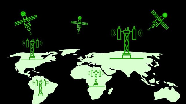 Stylized world map continents showing cell towers and satellites communicating animation