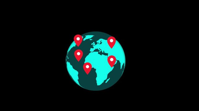 Stylized flat animation of earth map pin markers placed across continents