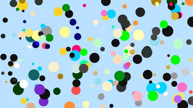 Abstract pattern of scattered multicolored circles of varying sizes on a light blue background, polka dot