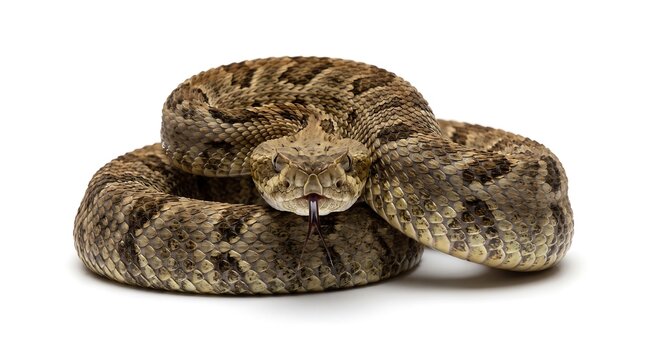 Coiled rattlesnake with tongue flicking out on white background.
