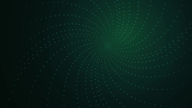 Emerald green spiral particle background, abstract digital vortex motion, glowing dots forming a swirling pattern for tech presentations