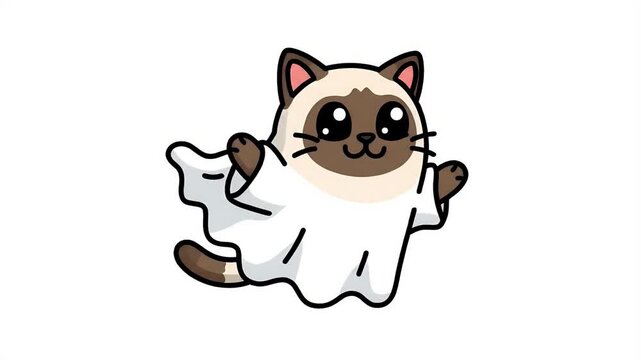 Cute cat dressed as a ghost, animation, playful, spooky, halloween, kawaii, cartoon, isolated on white
