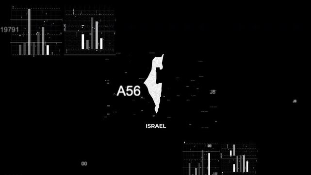 Israel map animation showcasing economy, infrastructure, technology, population, energy, trade, and national development data for presentations, films, documentaries, and motion graphics.