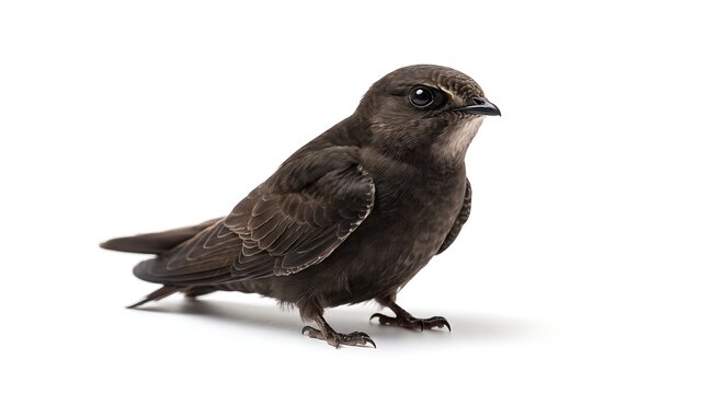 A small dark chimney swift bird standing on a white background.