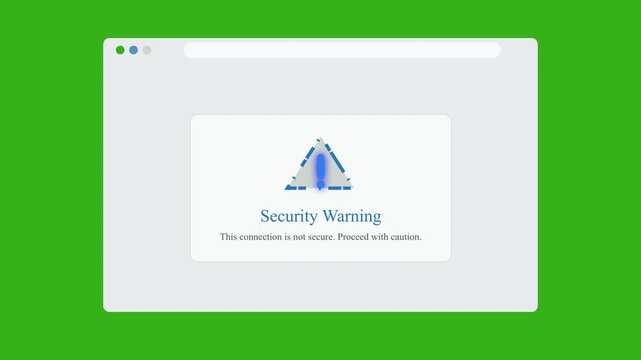 Animated web browser window shows security warning alert, digital alert screen, cyberspace warning