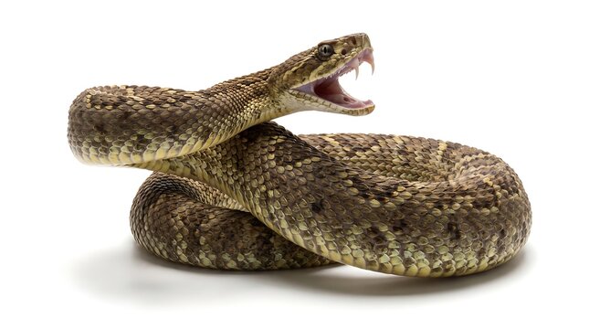 Aggressive rattlesnake with open mouth isolated on white background.