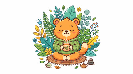Fototapeta premium Cute Cartoon Bear Meditating and Drinking Hot Herbal Tea in Nature