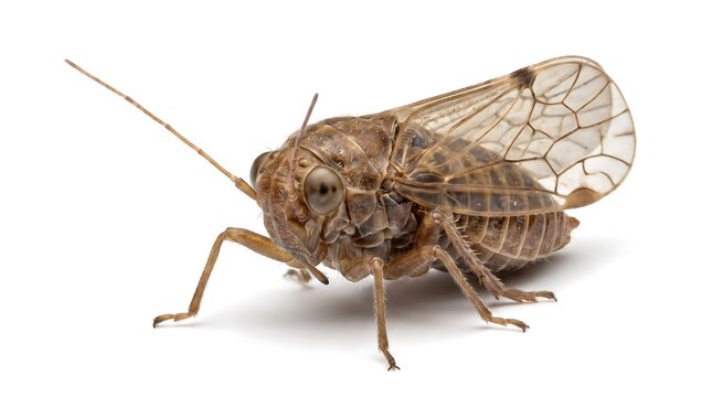 A detailed close up studio shot of a brown planthopper insect on a white background.