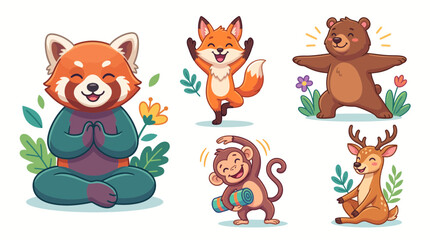 Naklejka premium Cute forest animals enjoying yoga and meditation in nature