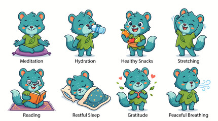 Fototapeta premium Adorable blue cartoon animal set performing daily self care activities