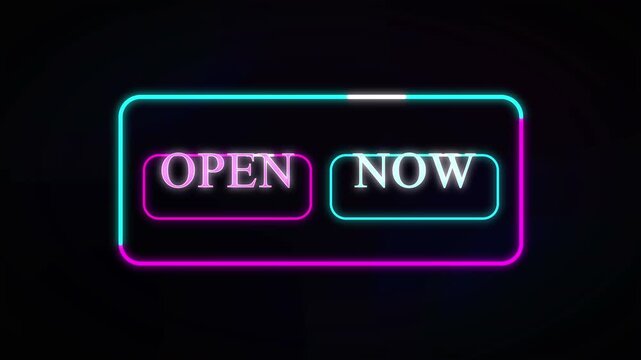 Animated neon open now sign glows in turquoise and magenta on black background, 4K motion graphic loop