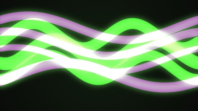 Neon glowing abstract waves moving in a continuous rhythmic pattern on a dark black background