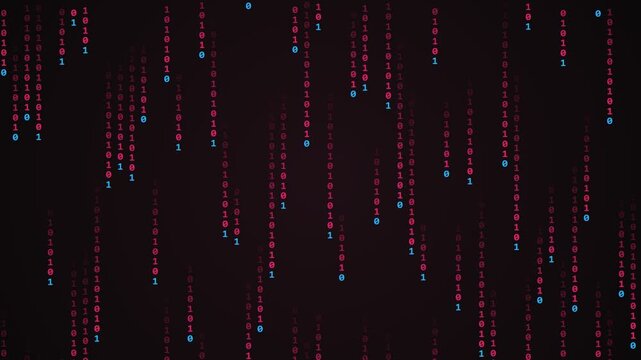 Digital binary code stream with glowing red and blue numbers falling on a dark background