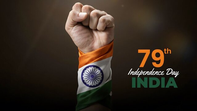 Seventy ninth independence day india concept featuring human fist raised upward with tricolor wristband for national empowerment and patriotic message on textured background.
