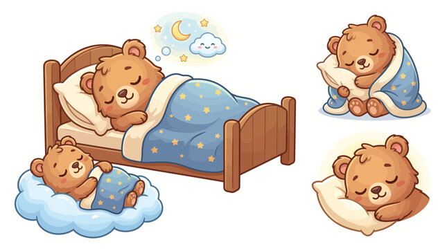 Cute cartoon teddy bear sleeping set in bed on cloud pillow vector