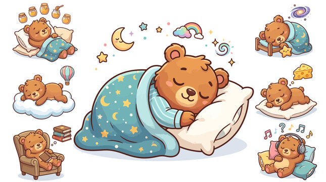 Cute sleeping teddy bear vector illustration with sweet dreams design elements