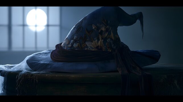 Mysterious witch's hat evokes dark magic on a rustic table bathed in moonlight shadows