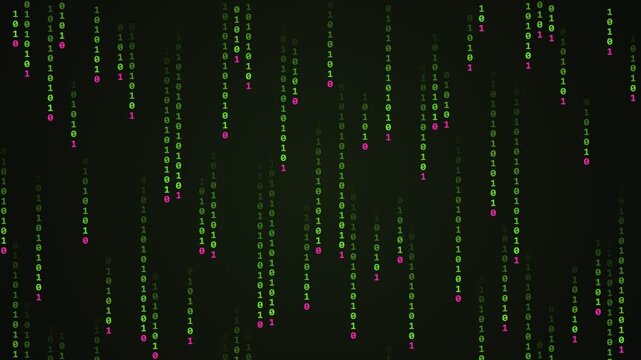Digital binary code rain animation with green and pink falling numbers on a dark background