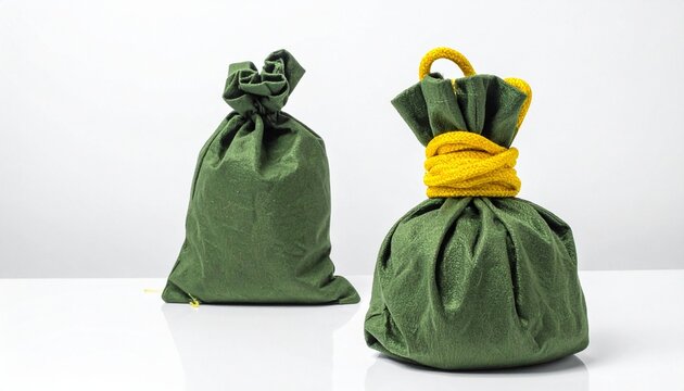 Green fabric drawstring bags with yellow cord closure