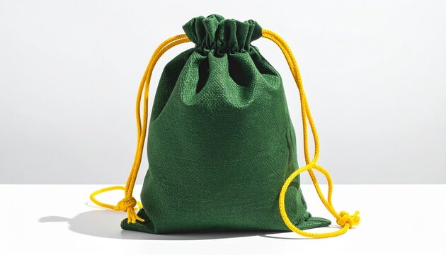 Green fabric drawstring bag with yellow cord closure