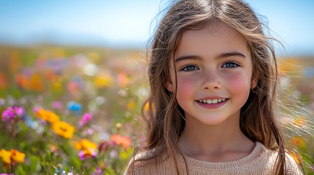 Happy girl smiling in colorful wildflowers field