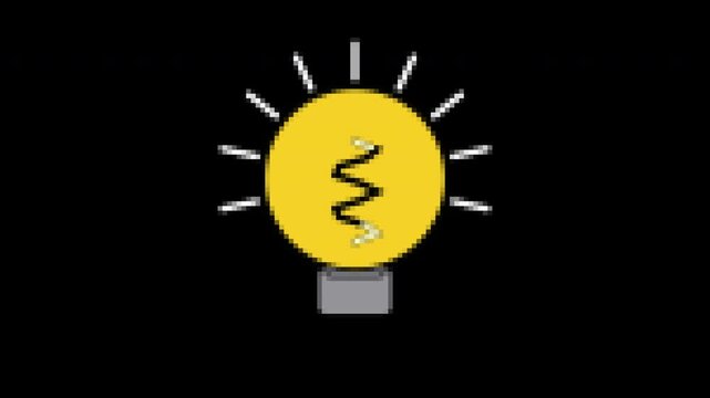Animated pixel light bulb icon with digital glitch effect isolated on black, idea concept, motion graphic
