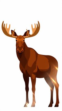Vector moose with large antlers stands looking forward, isolated on white, forest animal, majestic wildlife