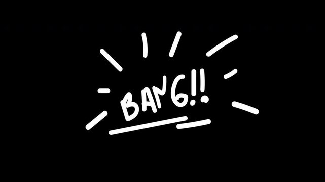 Scribble white Text BANG! animation  with burst effect scribble doodle effect 4k in black background