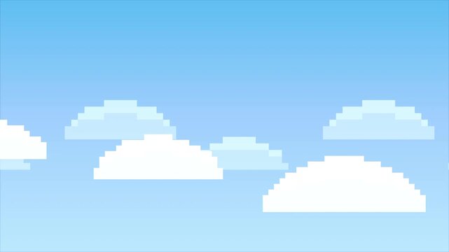 Pixel clouds motion animation loop, retro 8 bit sky background, gentle movement, blue day