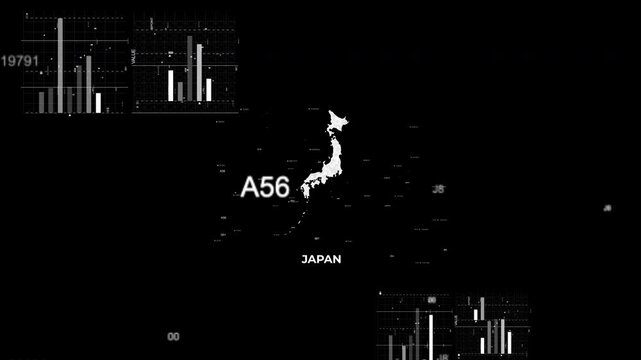 Japan map animation showcasing economy, infrastructure, technology, population, energy, trade, and national development data for presentations, films, documentaries, and motion graphics.